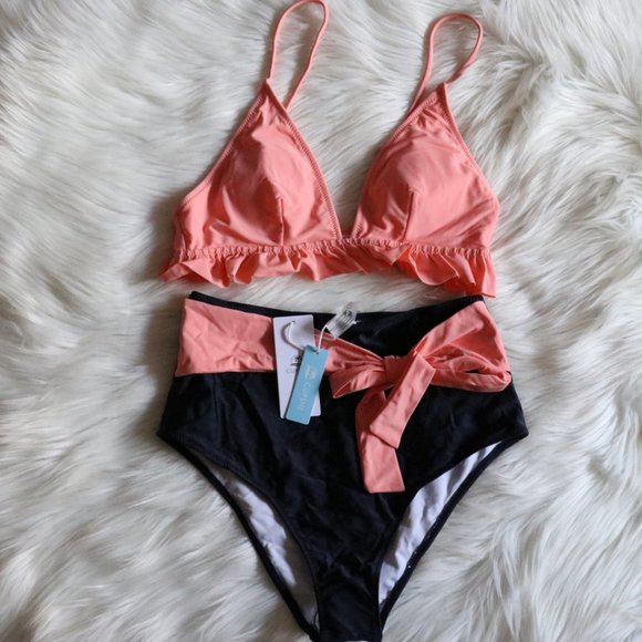 M Pink and Navy Blue High Waist 2 Piece Bikini swimsuit - Picture 3 of 9